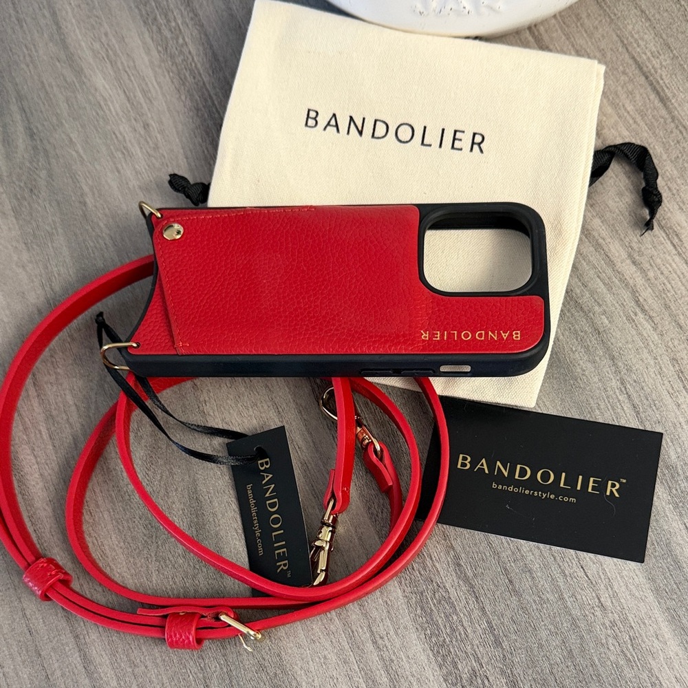 Bandolier Scarlet and Ebony Phone Case with Strap..fits iPhone 15 pro